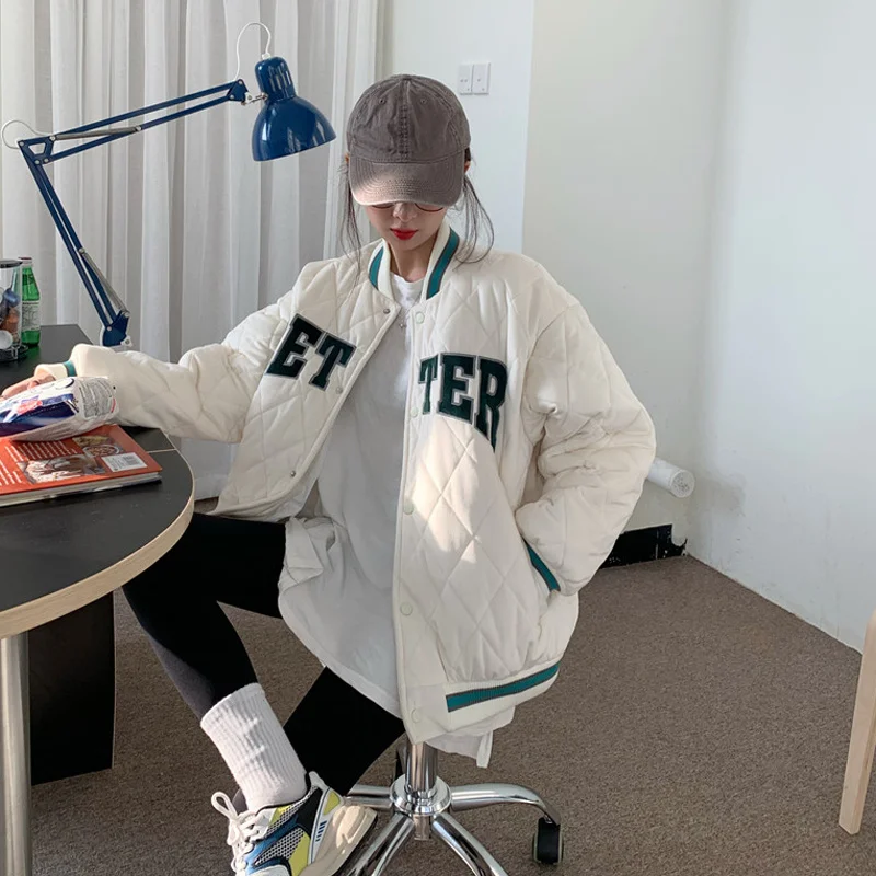 Lingge Cotton Padded Clothes Women's Autumn Winter 2021 Small Korean Loose Baseball Jacket Rac | Женская одежда