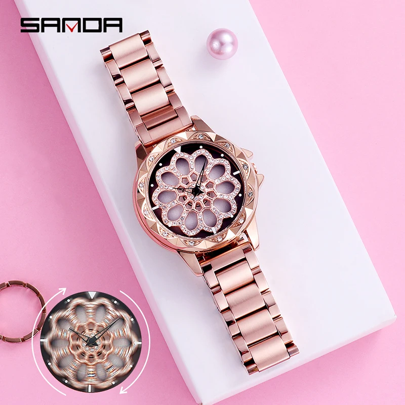 

SANDA Rotate Dial Watch Women Top Luxury Crystal Ladies Watches 30M Waterproof Japenese Movement Dress Clock relogio feminino