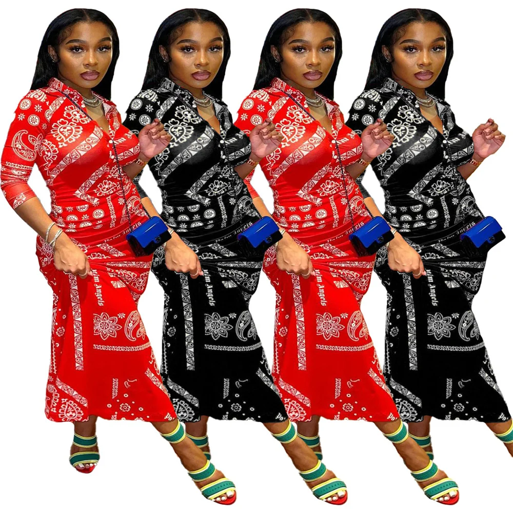 

Sexy Bandana Button Up Maxi Dress Women Long Sleeve Vintage Printed Slim Party Long Dresses