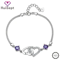 huisept elegant silver 925 bracelets jewellery for female double heart shaped amethyst gemstones bracelet ornaments wedding gift
