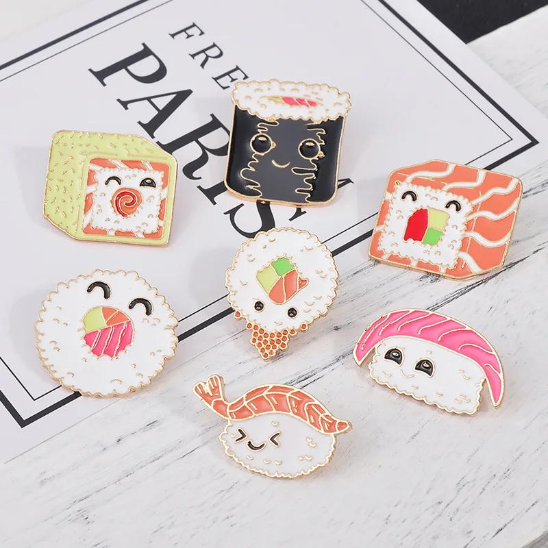 7 Style Collection Enamel Pins Brooches for Women Backpack Clothes Lapel Pin Sushi Salmon Brooch Badges Creative Cartoon Jewelry
