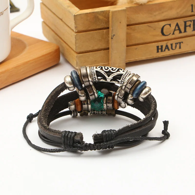 Женский и мужской браслет в стиле панк из кожи с синими кристаллами листьями