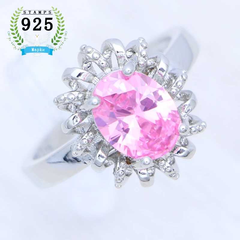

Glitter Pink Cubic Zirconia Ring 925 Sterling Silver Flower Jewelry Bridal Accessory Adjustable Size Ring