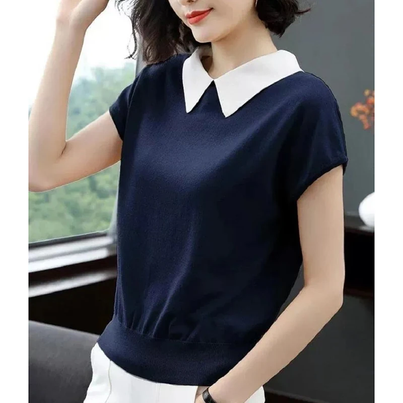 

LJSXLS летний вязаный женский свитер с отложным воротником однотонный тонкий женский свитер желтый свободный Женская одежда с коротким рукав...