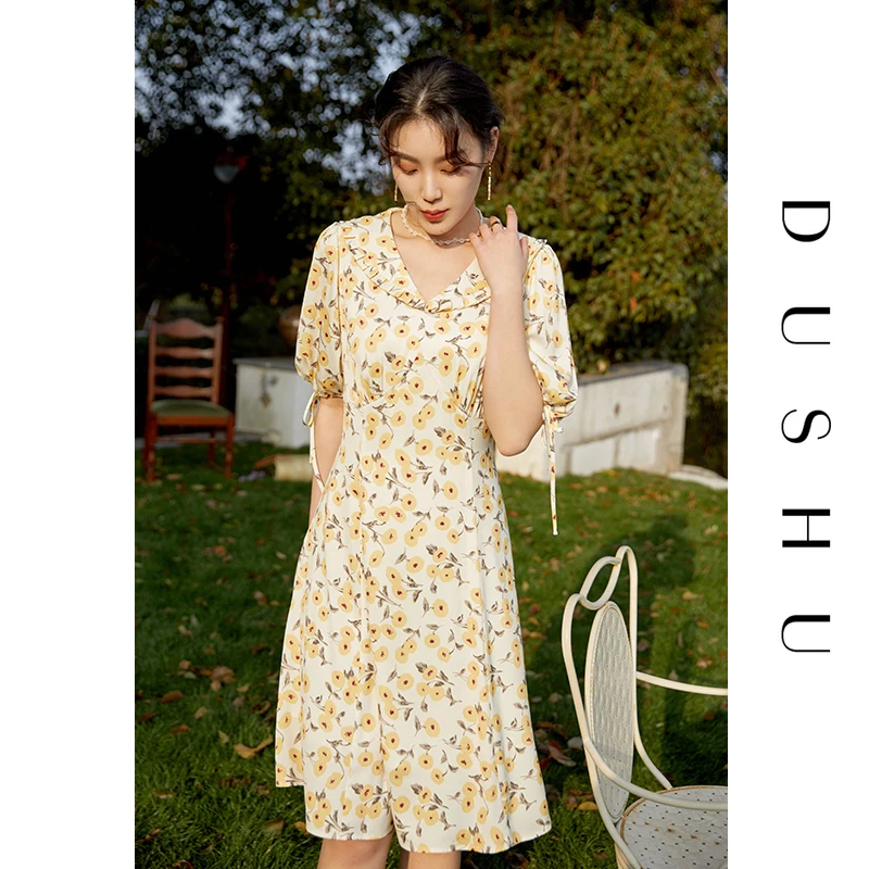 

DUSHU Plus Size Yellow Floral Summer Dress 2021 New Tea Break Dress French Bellflower Skirt Office Short Sleeve Sexy Dress