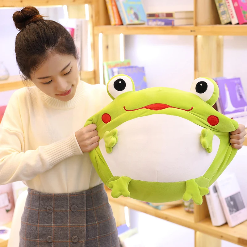 

35cm Emotional Green Frog Plush Toy Down Cotton Stuffed Squishy Animal Functional Pillow Flannel Blanket Hands Warm Gift
