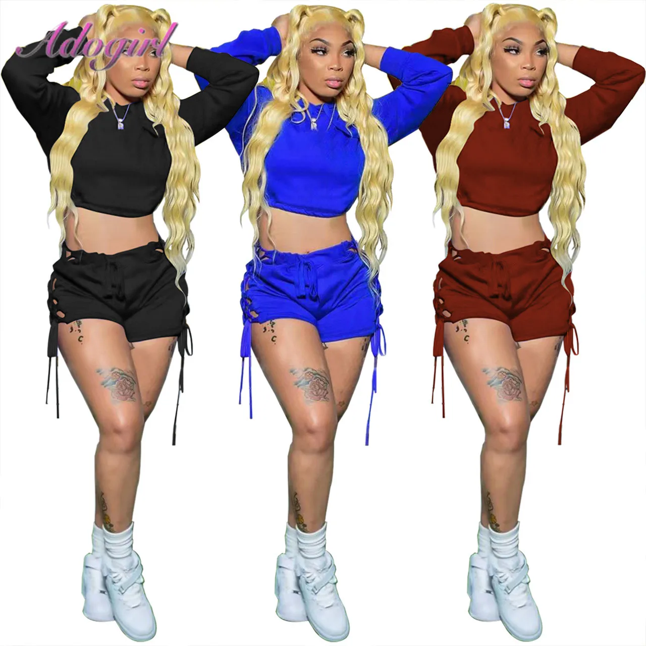 

Fitness Sprint Suit Two Piece Set Women Solid Long Sleeve Crop Tops Hoodies Lace Up Drawstring Shorts Outfit Sporty Tracksuit