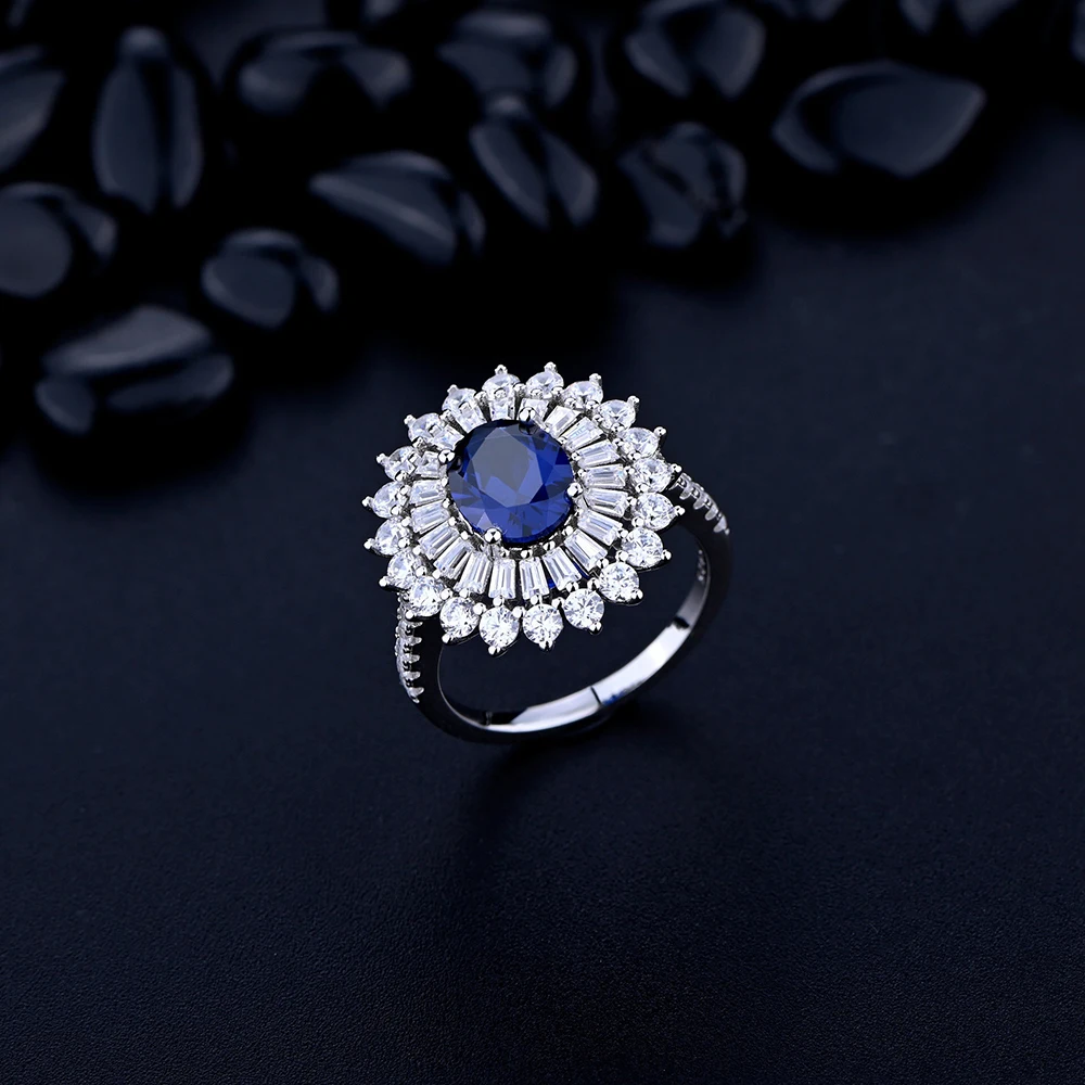 

Luxury Design 925 Sterling Silver 7*9mm Blue Carbon Diamond Flower Party Rings for Women Trendy 2021 Au750 Gold Engagement Ring