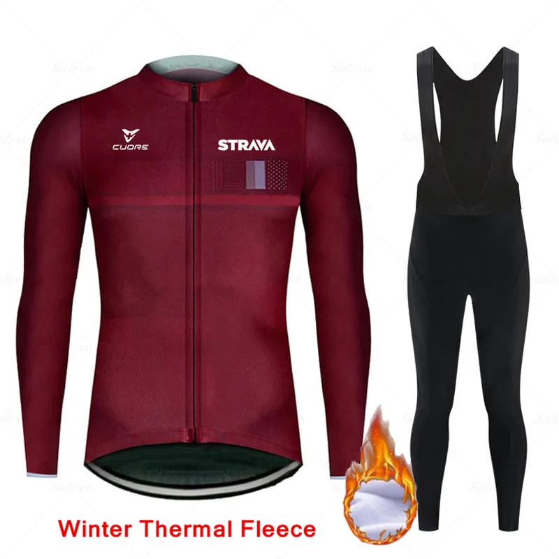 

STRAVA Bicycle Team 2022 Winter Thermal Fleece Cycling Set MTB Bike Clothing Men Bicycle Jerseys Clothes Maillot Ropa Ciclismo