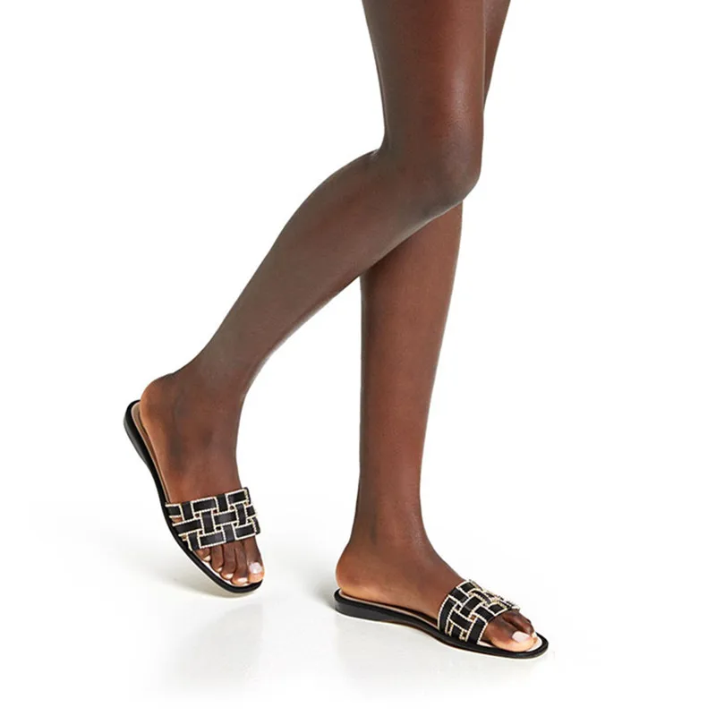 

Hjwsfdcai Slippers Women Crystal Open Toe Black Flat Shoes Genuine Leather Rhinestone Sandals Outdoor Runway Shoes Female Shoes