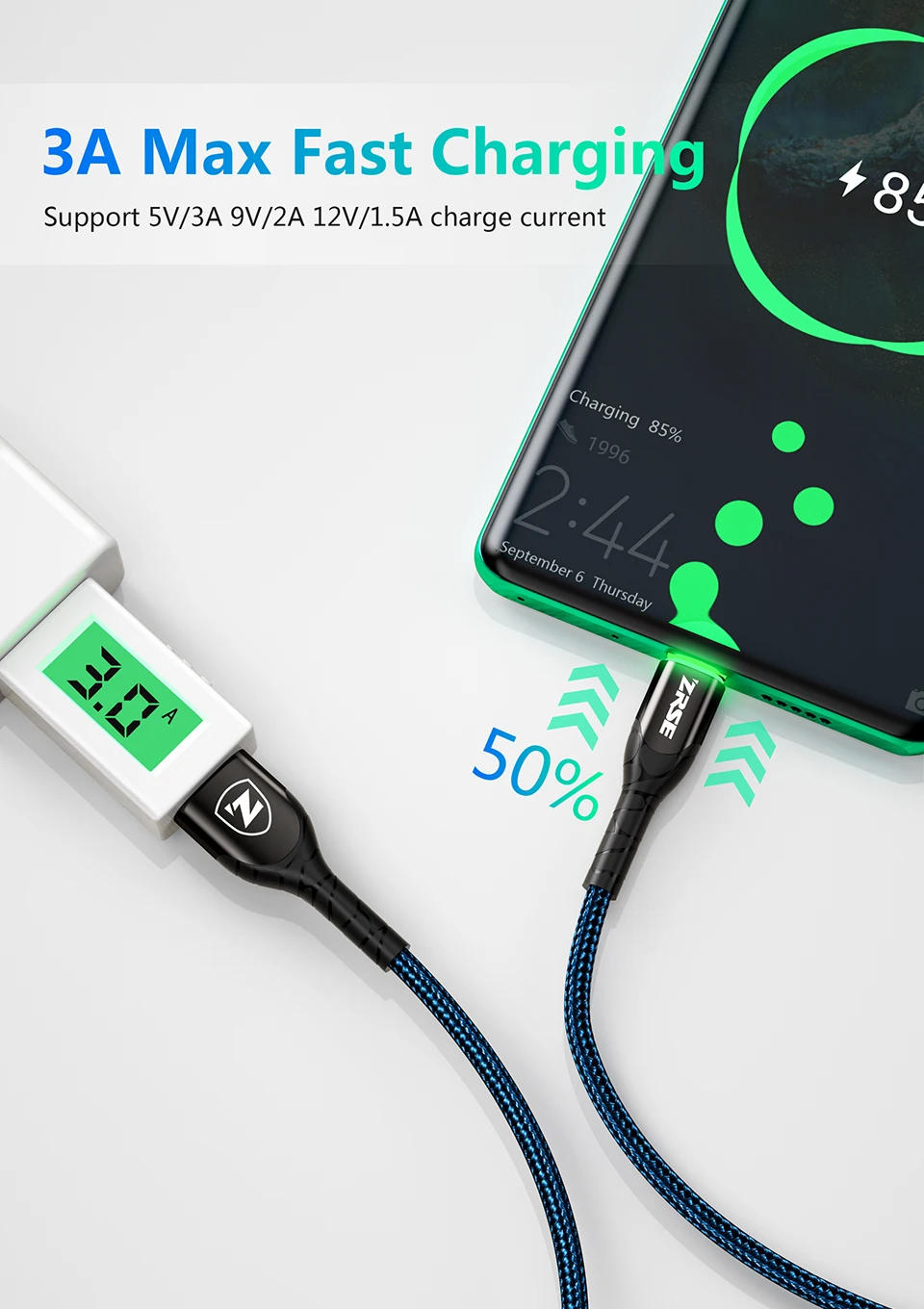 ZRSE светодиодный кабель usb type C 3M 2 м USB-C кабель передачи данных для быстрой зарядки телефона зарядное устройство Шнур для Xiaomi Redmi Note 8 7 huawei P30 Pro P20