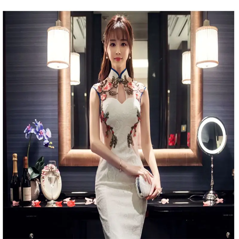 

Vintage Stage Show Qipao Lace Ladies Elegant Long Cheongsam Flower Sexy Mermaid Dress Evening Gowns