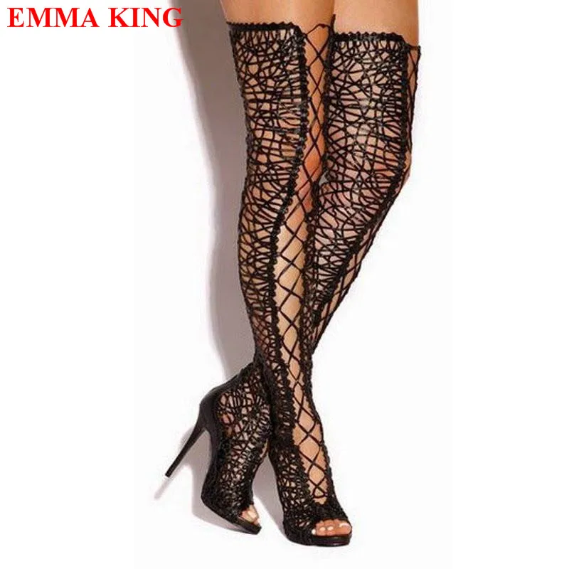 

Fashion Women Cross-tied Black Lace Thigh High Boots Ladies Cutouts Over The Knee Gladiator Sandals Boots High Heels Shoes Woman