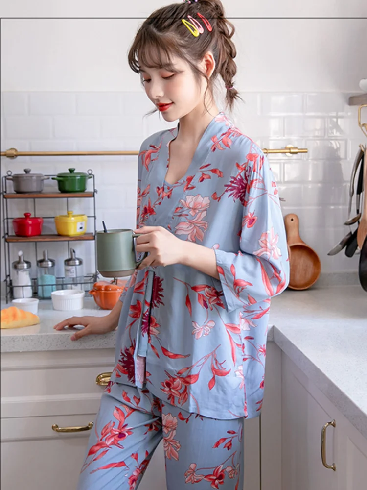 3 Pieces Floral Printed Pajamas Set Summer Viscose Sleepwear Women Pajamas Top Long Pants Night Suit Lounge Set