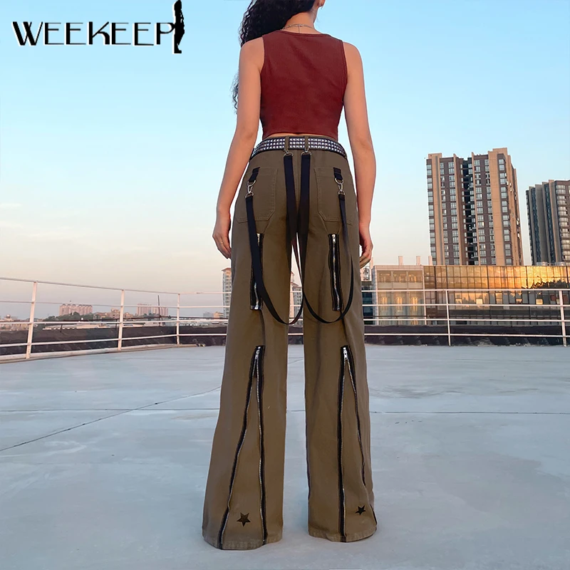 

Weekeep/Готические джинсы в стиле панк для женщин, большие размеры, высокая талия, Лоскутные, бойфренды, прямые, джинсовые, грузовые штаны, мешко...