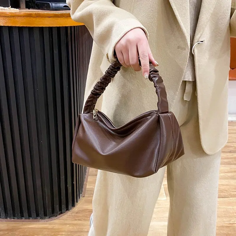 

Elegant Pleated Women's Handbag Brands Designer Fluffy Leather Women Shoulder Bag Simplicity Vintage Armpit Bags for Women 2021