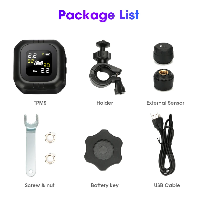 

Jansite Motorcycle TPMS Tire Pressure Gauge Alarm Monitoring System Display Temperature 2 sensors Warning Handlebar Installation