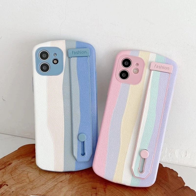 

Rainbow Color Wrist Strap Stripe Phone Case For iphone 11 12 Pro Max XS XR 11Pro 12Mini SE 2020 7 8 Plus X Silicone Cover Coque
