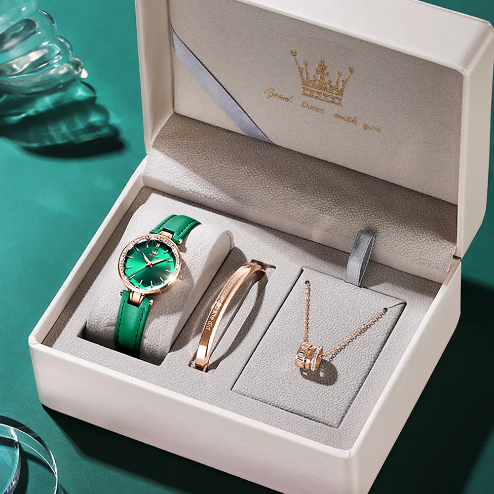 OLEVS NEW Japan Lmported Movement Green Dial Genuine Leather Strap Elegant Temperament Quartz Wrist Watch Bracelet  Necklace Set enlarge
