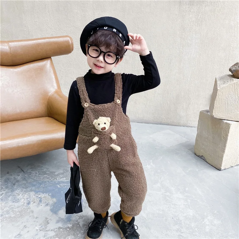 

80-130cm Winter Baby Girls Boys Clothes Cute Cartoon Bear Patchwork Suspender Pant Baby Kids Children Thick Warm Overalls Pants