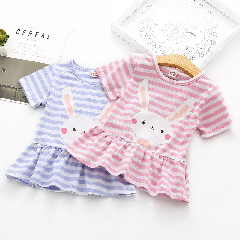 

âœ¿BB-Girl Striped Cute Cartoon Printed Short Sleeved Dress Outfits Summer Baby Girl Clothes Kids Dresses For Girls