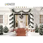 Laeacco Рождественские фоны для фотографии серый дом двор зима снег венок крыльцо вечерние детские фото фон фотостудия