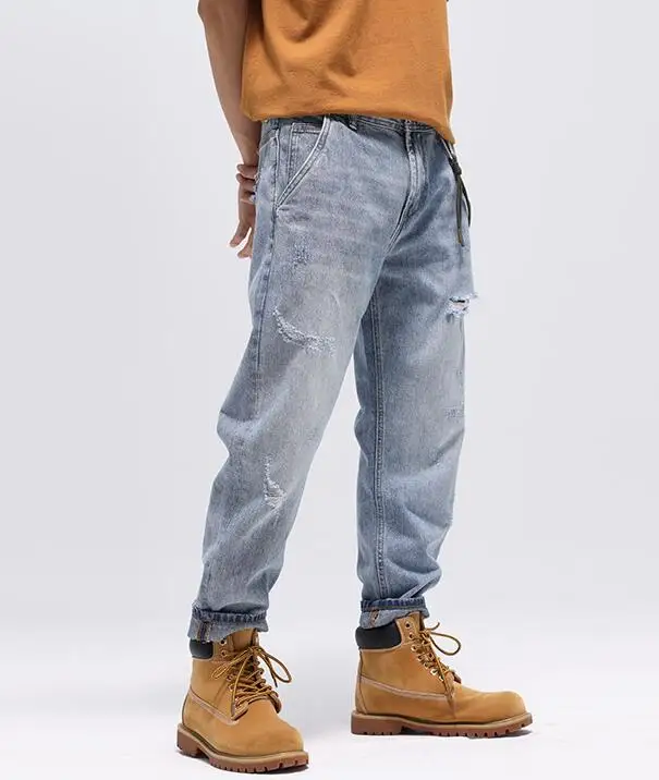 Jeans Men's Loose Straight Light-Colored Wide-Legged Ankle-Length Denim Pants Men's Street Fashion Brand Retro Ripped Jeans
