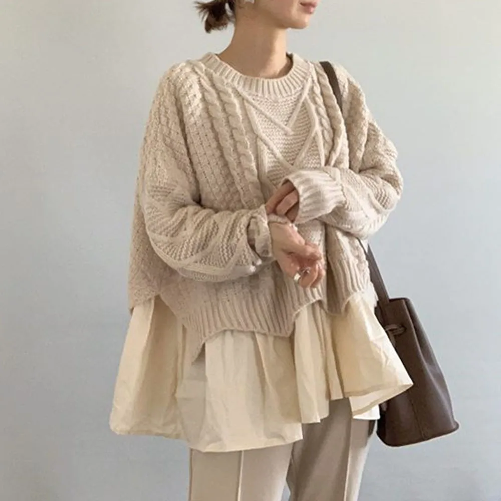 

Knitted Sweater Women Chic Ruffle Kroean Beige Knitting Tops Pullover Jumper Ladies Fashion Knitwear Top Casual Loose Sweaters