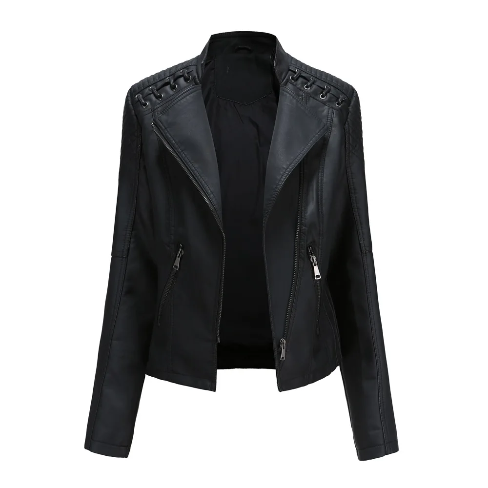 2021 New Women Spring Autumn Black Faux Leather Jackets Zipper Basic Coat Turn down Collar Motor Biker Jacket