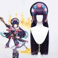 yun jin synthetic cosplay wig genshin impact dark purple blue braids hime cut staight bangs long staight hair wigs for women