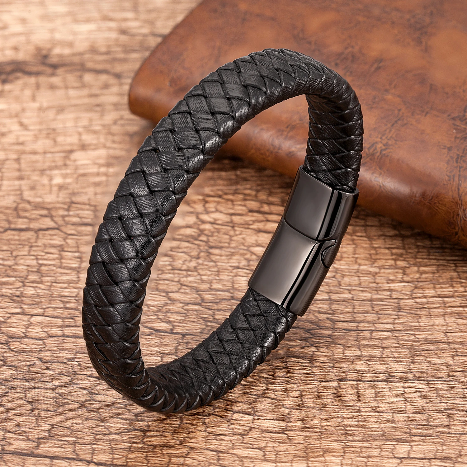 

2020 Charm Men Jewelry Classic Black Braided Leather Bracelet for Men Stainless Steel Magnetic Clasp Punk Homme Bangles Gifts