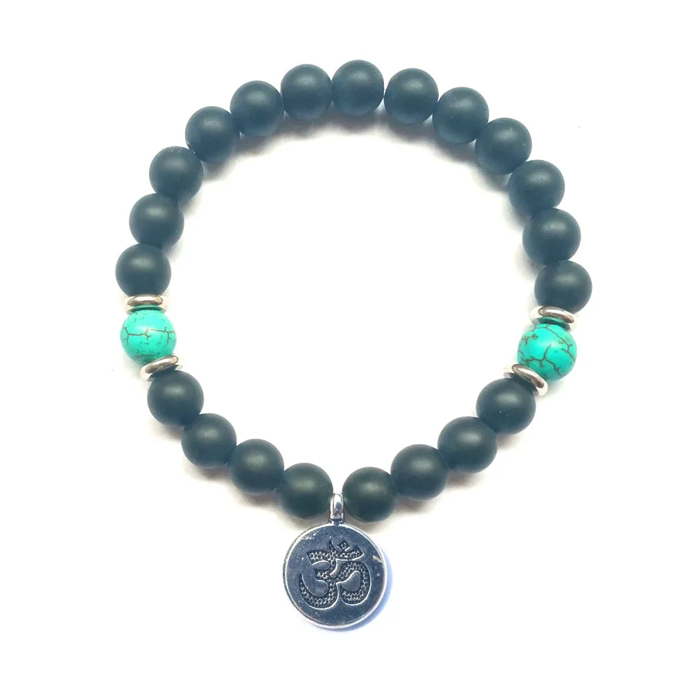 Мужской браслет с бусинами OM kгрудte матовый черный натуральными камнями для йоги