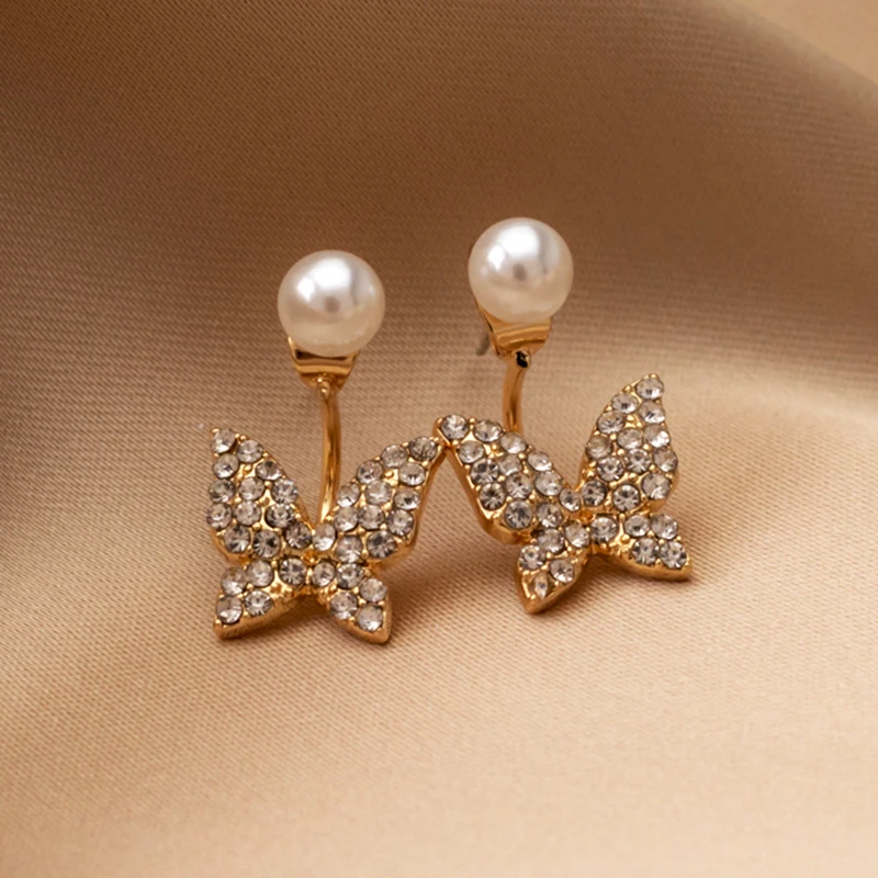 

New Popular Design 14K Real Gold Butterfly Pearl Earrings for Women Charm Jewelry S925 Silver Needle Shiny AAA Zircon Stud Party