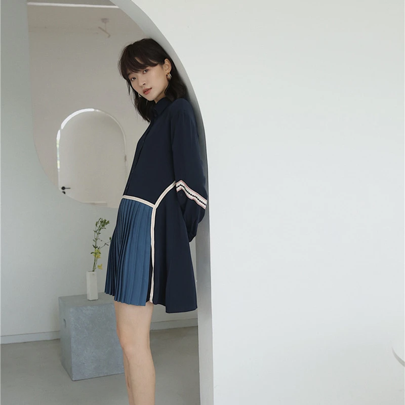 GALCAUR хит разноцветное платье для женщин воротник с лацканами длинный рукав