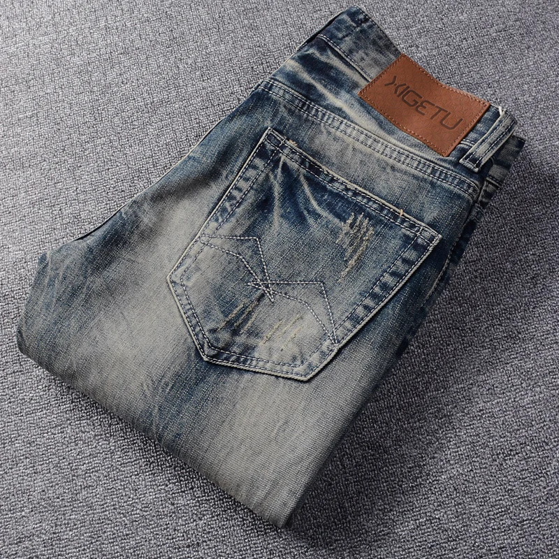 American Street Fashion Men Jeans Retro Yellow Blue Slim Destroyed Ripped Jeans Men Embroidery Patch Designer Denim Punk Pants