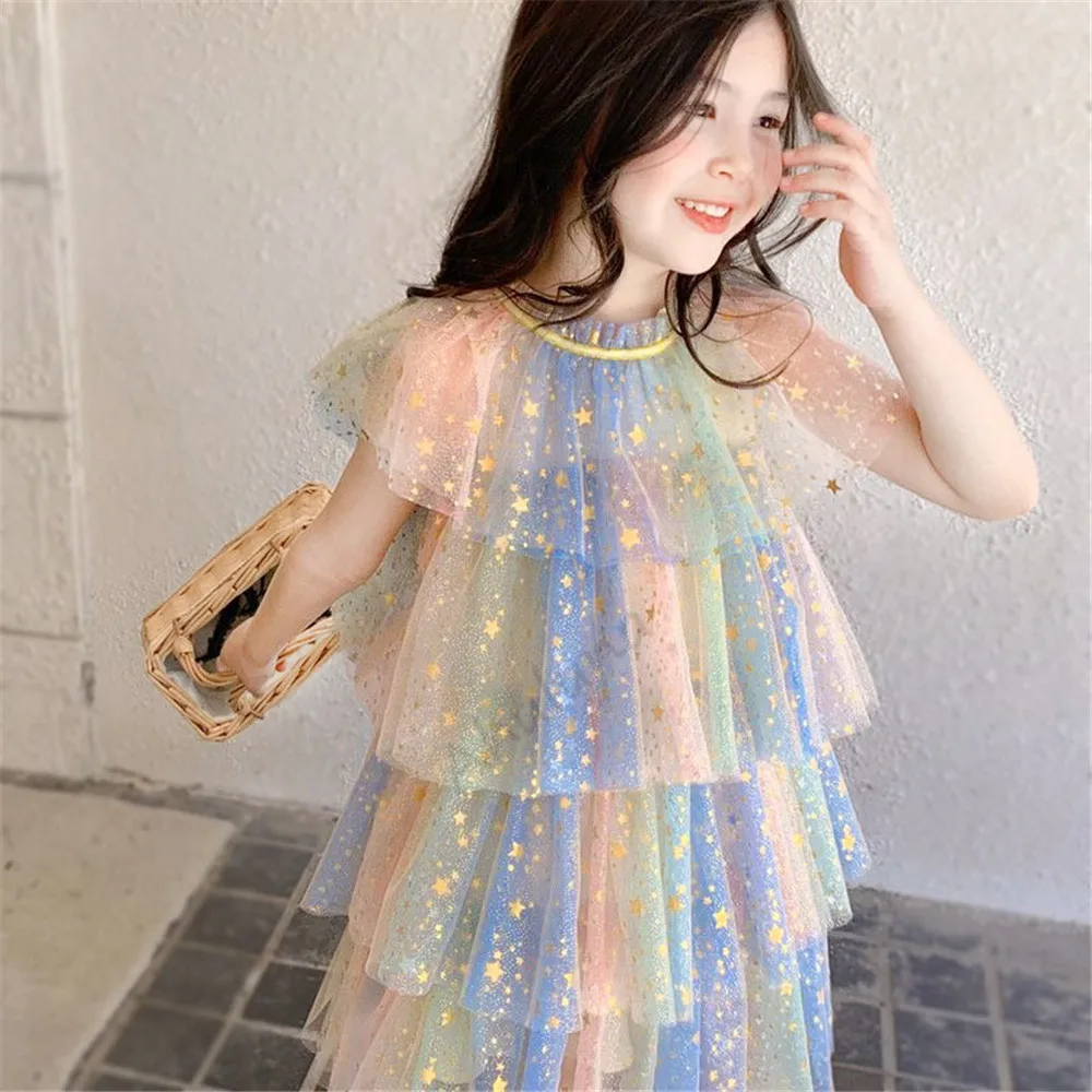 

Girls Princess Cosplay Dress Mesh Layers Cake Dresses Baby Sequin Rainbow Halloween Party Summer Tutu Prom Wedding Costume C338