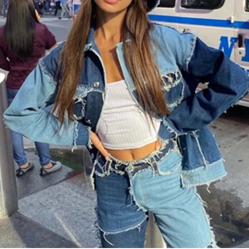 

Vintage Autumn Women's Patchwork Jeans Jackets Harajuku Cotton Casual Coats Streetwear Y2k Aesthetic 90s Jackets 2021