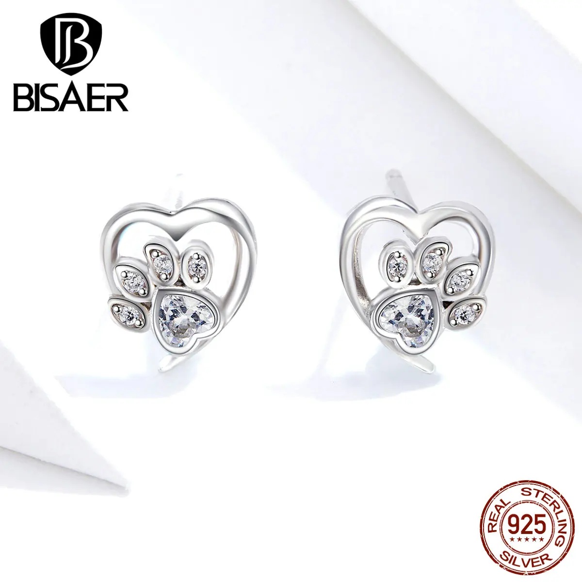 Серьги "отпечатки пальцев" BISAER 925 пробы серебряные собачьи следы серьги гвоздики для женщин кубический циркон ювелирные изделия ECE654-WH