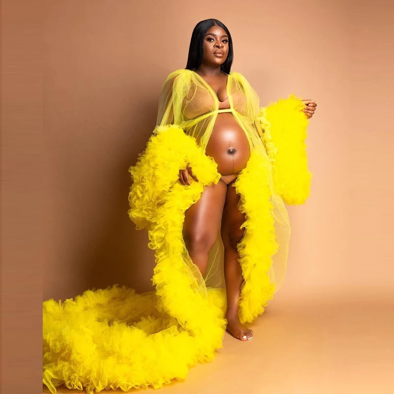 

Bright Yellow Pregnant Women Dress Sexy Photograph Robes Sleepwear Ruffles Robe Tiered Gown Bathrobe Sleep Nightdress Femme