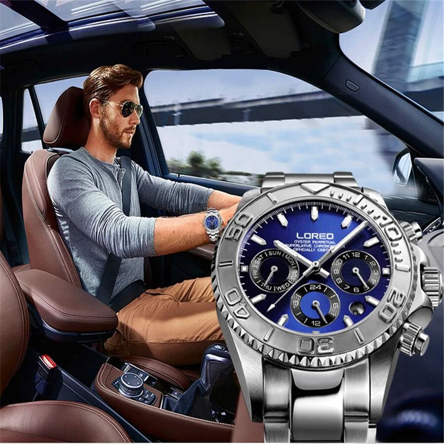 

LOREO Mechanical Watch Men Multifunctional Diving 200M Steel Shell Blue Disk Man Business Automatic Self-Wind Clock Male Watches