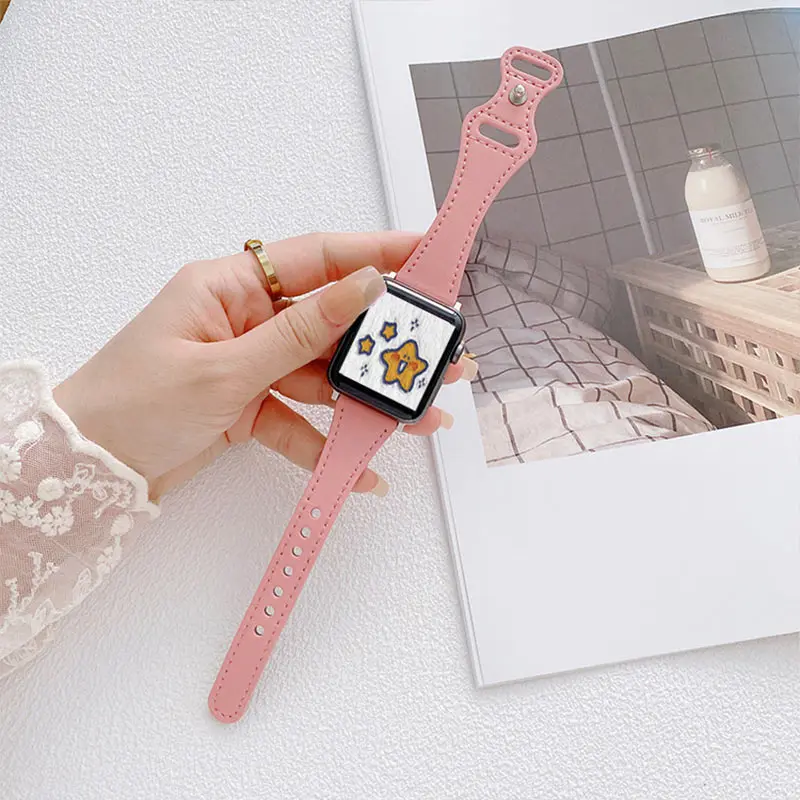

For Apple Watch 6 SE 40mm 44mm Band Slim Leather Strap for iWatch Series 7 6 5 4 3 38mm 42mm Loop Women Girl Correa Wristband 03