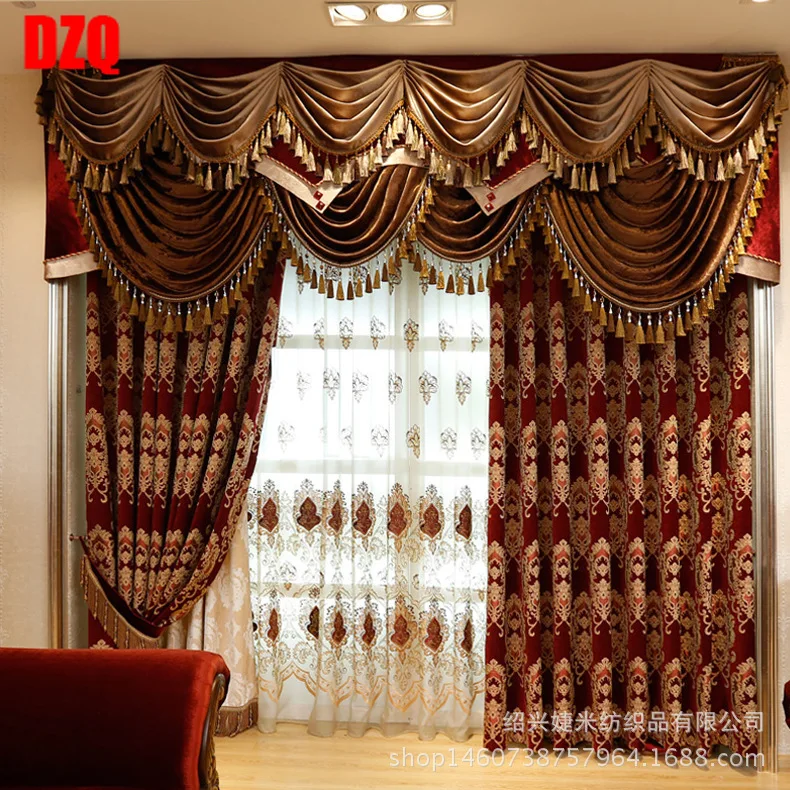 

Custom Curtain Luxury Living Room Noble European Embroidered Red Thick Chenille Cloth Blackout Curtain Tulle Valance Drapes B625