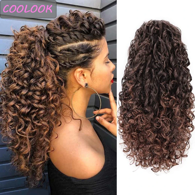 

14 Inch Ombre Brown Blonde Ponytail Hair Piece Afro Kinky Curly Ponytail Hair Clip African American Synthetic PonyTail Extension