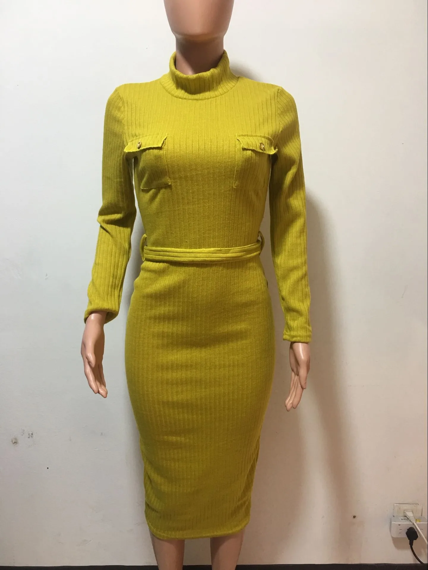 

HAOOHU women's dresses winter fashion casual street elegant solid full sleeve Turtleneck tight stretch slim knitted maxi dress