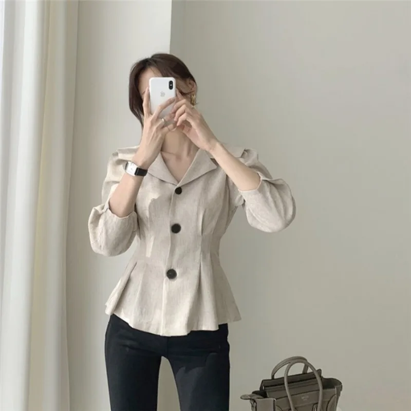 

Women's Minimalist Shirts Solid Notched Collar Three Buttons Folding Waist Puff Sleeves Elegant Women Blouse Autumn Spring 2021