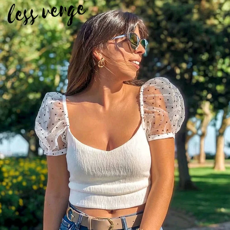 Lessverge белые хлопковые трикотажные женские блузки топы прозрачный сетчатый топ в