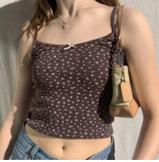 

Y2K Cute Summer Cotton Crop Top Spaghetti Strap Top 90s Vintage Floral Print Brown Sleeveless Cami Top Women Fashion Streetwear