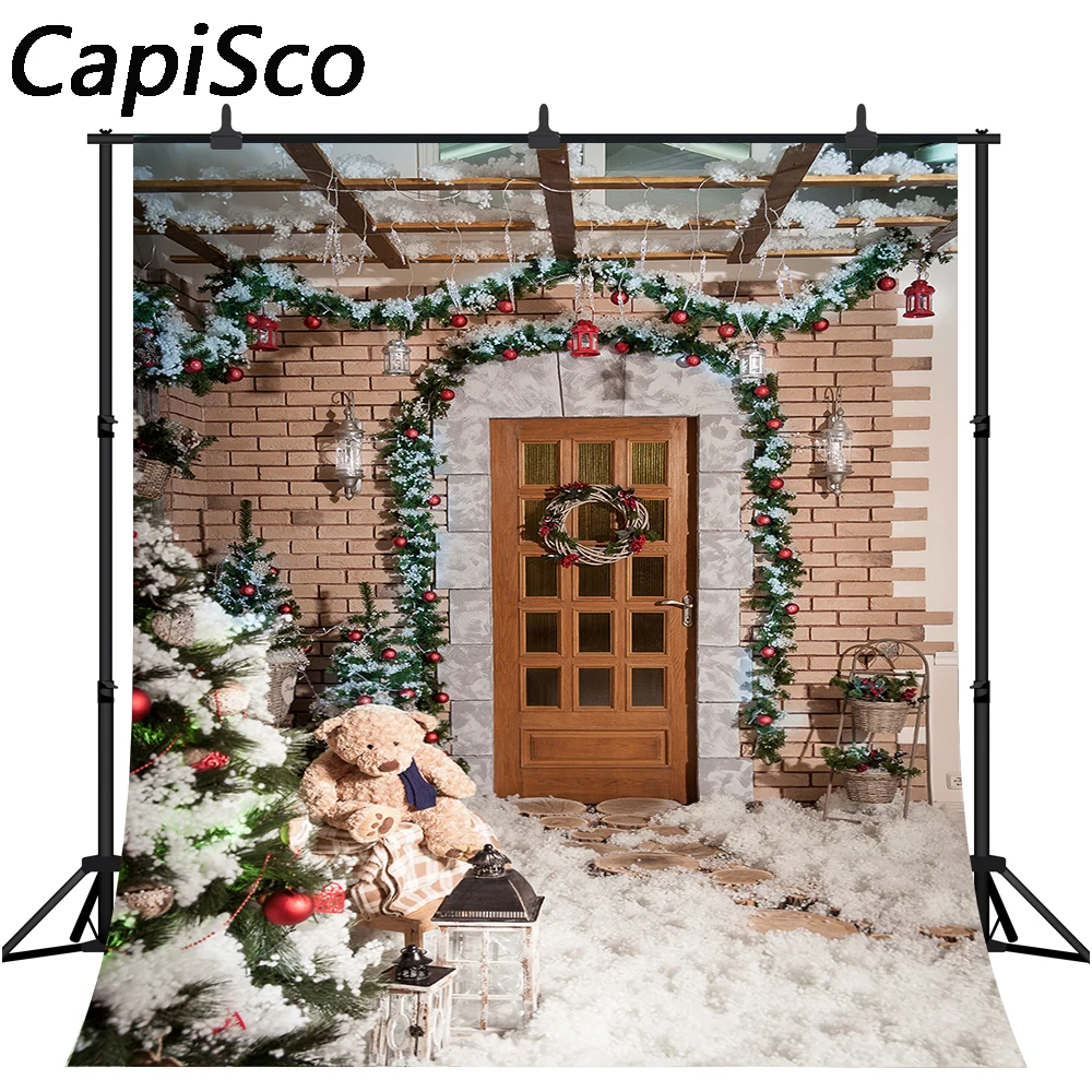 Фон для фотосъемки с изображением снега рождественской елки венка деревянной