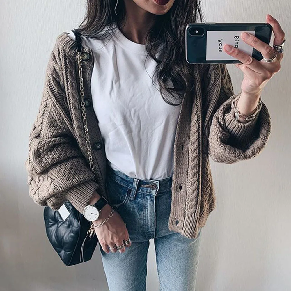 

Women Cardigan Sweater Gray Simple Casual Loose Jacket Long Sleeve For Office Ladies Korean Version Japanese Spring Autumn