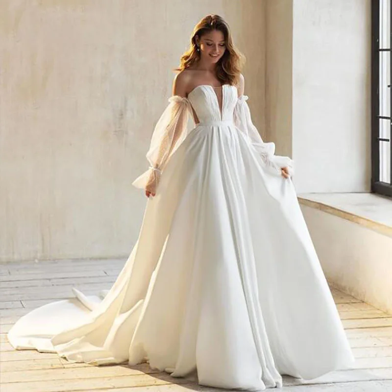 

Ivory Vintage Cheap Wedding Dress China Puff Sleeve Bride Dresses 2021 Long Train Beach Wedding Gowns Robe de Mariee